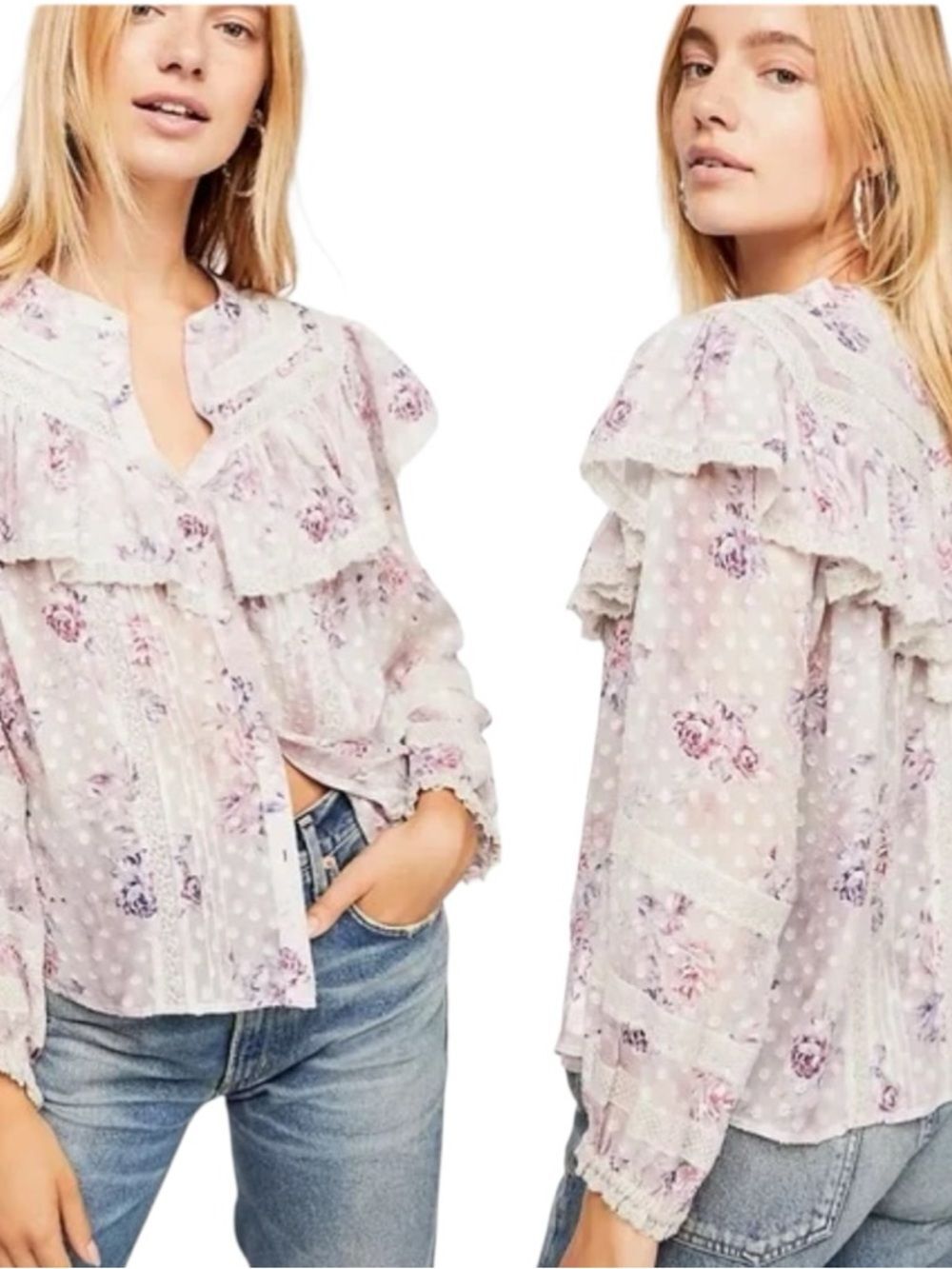 LoveShackFancy Erica Silk Georgette Floral Ruffle Blouse Size Medium